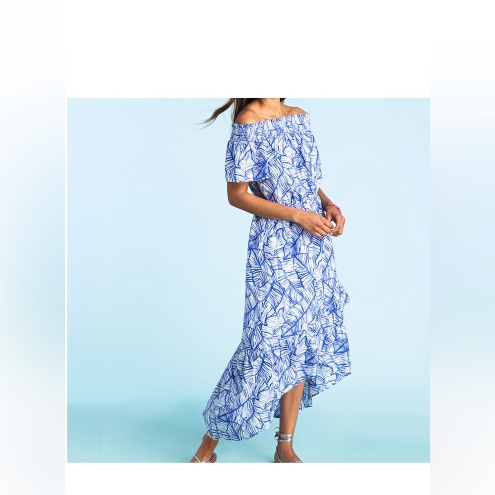 Vineyard Vines Blue and White banana leaf off the shoulder dress